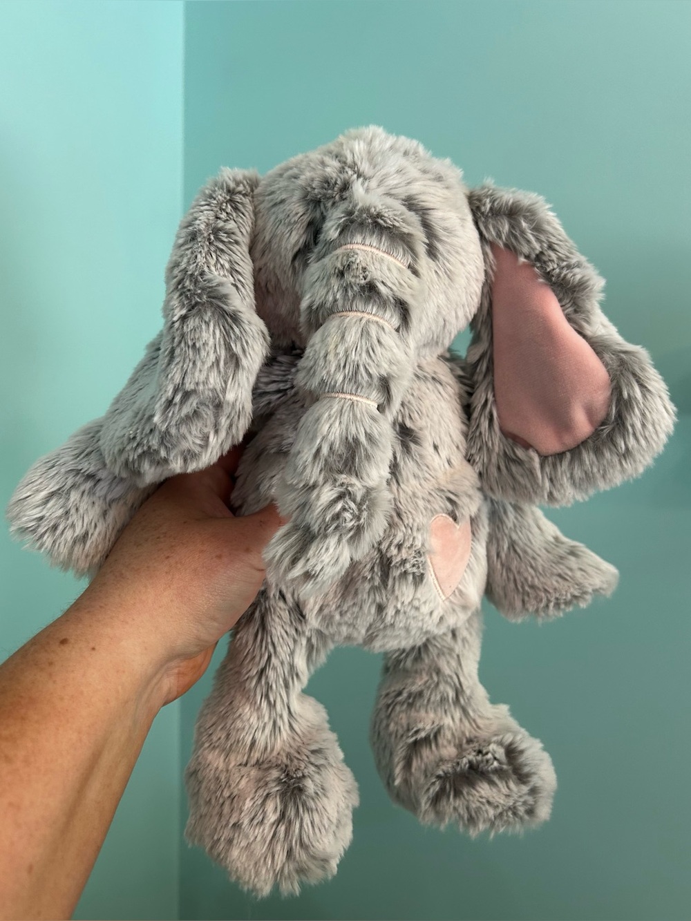 Demdaco Elephant Plush Stuffed Animal Gray Pink heart 12”